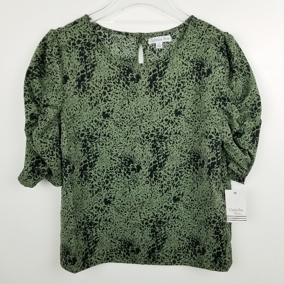 Ophelia Roe Green & Black Ruched Blouse NWT - Picture 1 of 8